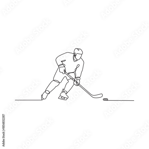 A continuous line drawing of a hockey player in action with a puck