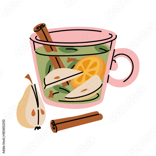 Flat contour mug of warm pear drink with cinnamon sticks and star anise. A colored glass. Cozy winter beverage for cafe menus, holiday greeting cards, or seasonal graphic design materials