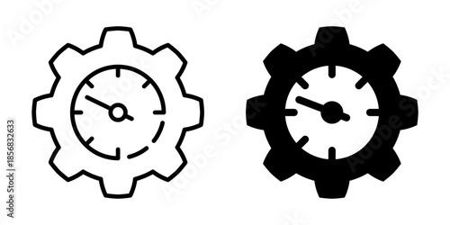 Time management gear clock icon. Line and silhouette style.