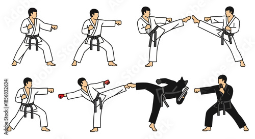 Dynamic martial arts poses illustration featuring karate practitioners in white and black gis, demonstrating various kicks and punches.