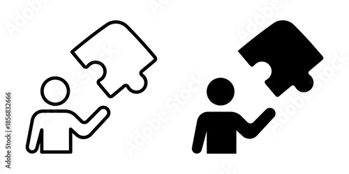 Person holding puzzle piece icon. Line and silhouette style.