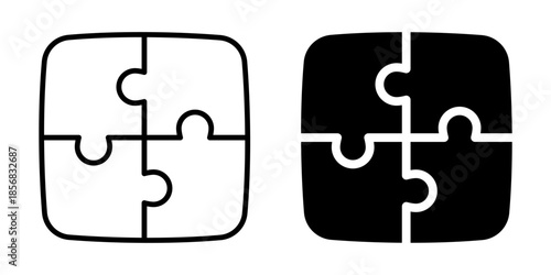 Puzzle pieces solution fit icon. Line and silhouette style.