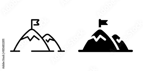 Goal achievement mountain success icon. Line and silhouette style.