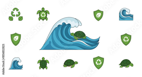 Eco-Friendly Sea Turtle Conservation Icons and Wave Illustration.