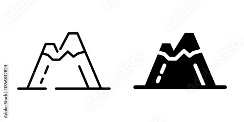 Minimalist mountain and road icons in black and white outlined style