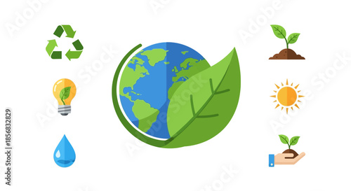 Ecological Icons - Earth, Leaf, Recycle, Lightbulb, Water, Plant, Sun.