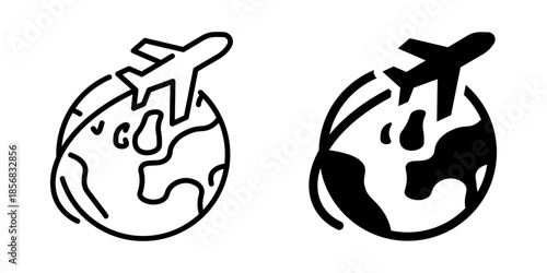 Airplane over earth icon in linear and silhouette styles
