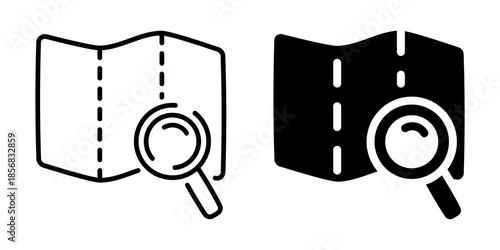 Minimalist map and magnifying glass icons in bold and outline style