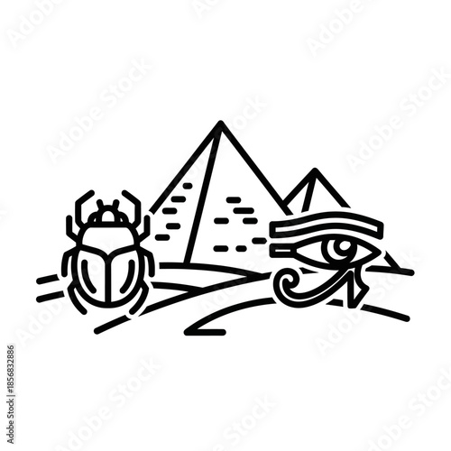 Egyptian Symbols - Scarab, Pyramids, and Eye of Horus in Line Art.