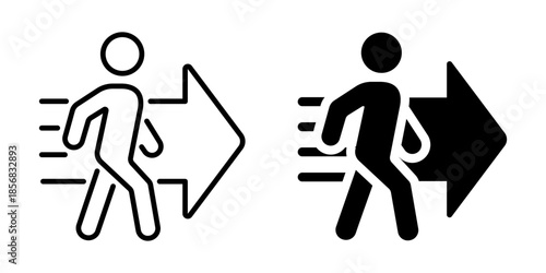Minimalist pictogram of person walking with arrow in motion