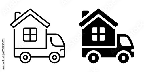 Moving house icons: minimalist transport symbols in black and white