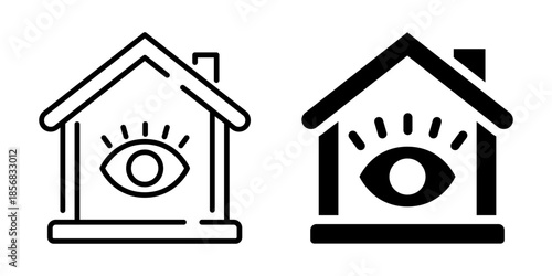 House with eye symbol: linear and solid style icons for home surveillance