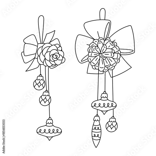 set of black flat outline Christmas hanging ornaments with forward-facing pine cones, decorative bows with New Year's toys. decorations for coloring pages, holiday postcards, design materials.
