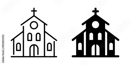 Minimalist church icons: black and white linear and silhouette designs