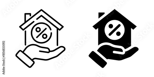 Hand holding house with percent symbol: mortgage and finance icon in outline and solid style