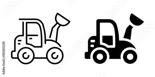Monochrome construction icon set: linear and solid tractor illustrations
