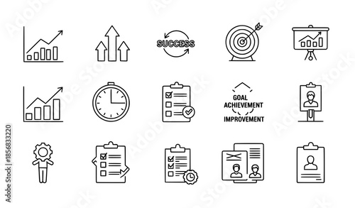 Progress and efficiency thin line editable icon set vector illustration