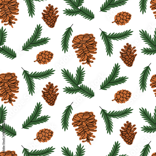 Seamless pattern with variety of flat colored pine, spruce cones and Christmas tree branches. Forest background for winter holiday wrapping paper, autumn textile prints, botanical wallpaper, seasonal