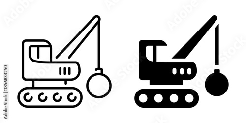 Outline and solid wrecking ball crane icons for construction themes