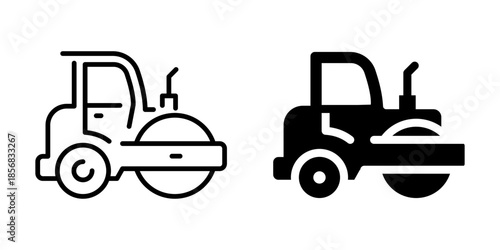 Side by side minimalistic outline and solid steamroller icons for construction