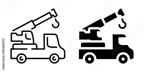 Minimalist construction crane truck outline and solid icons set