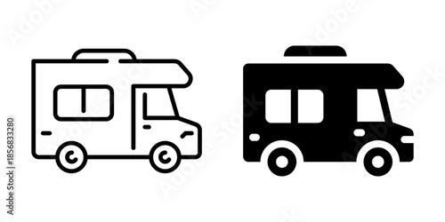 Minimalist camper van icons with outline and solid styles for travel designs