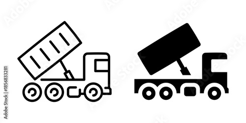 Dump truck icons: outline and solid designs for construction and logistics