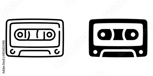 Retro audio cassette icons: outline and solid style for nostalgic designs