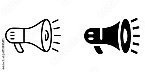 Minimalist megaphone icon set in black and white for communication and announcement themes