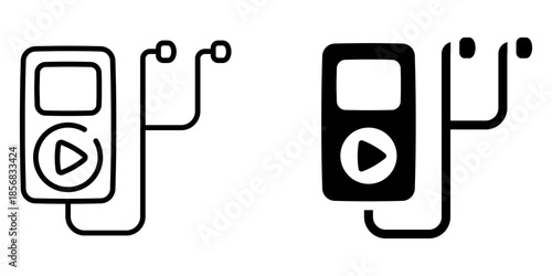 Minimalistic music player icons: black and white portable devices with earbuds