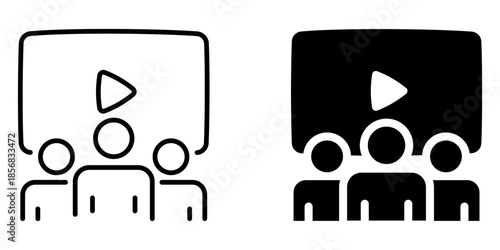 Outline and solid icons of people watching video on screen