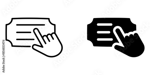 Hand cursor clicking icon set: linear and filled ticket design