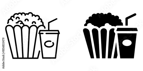 Popcorn and drink icons: outline and solid styles for snacks and beverages