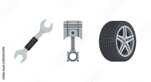 Essential Automotive Repair Tools and Engine Parts Collection.