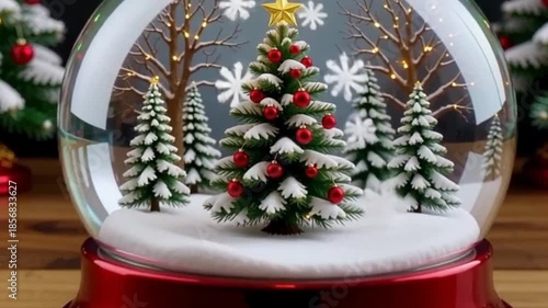 Animated Christmas Snow Globe Revealing Festive Winter Scene with Decorated Tree and Falling Snow