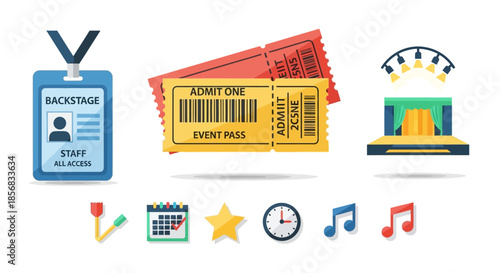 Event and Performance Icons - Backstage Pass, Tickets, and Stage.