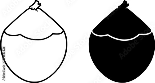 Young coconut illustration icon, black and white, outline and silhouette versions