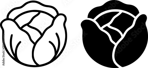 Cabbage illustration icon, black and white, outline and silhouette versions