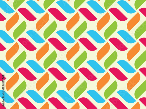 This image displays a vibrant, retro geometric pattern. Curved, rounded shapes in bright pink, orange, green, and blue interlock diagonally across a cream background, creating a woven or repeating 