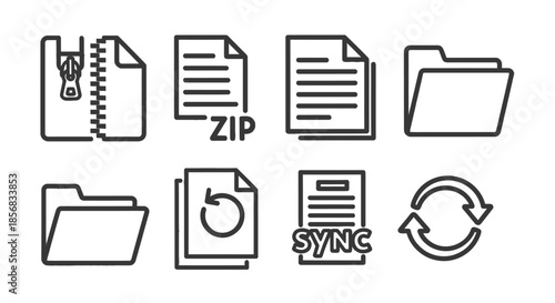 File Management Icons - Zip, Documents, Folders, and Synchronization.