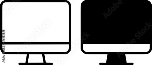 Computer monitor illustration icon, black and white, outline and silhouette versions