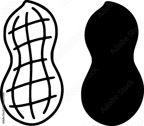 Peanut illustration icon, black and white, outline and silhouette versions