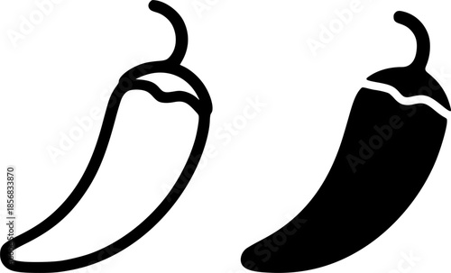 Chili pepper illustration icon, black and white, outline and silhouette versions