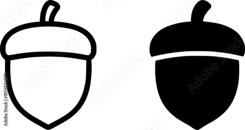 Acorn illustration icon, black and white, outline and silhouette versions