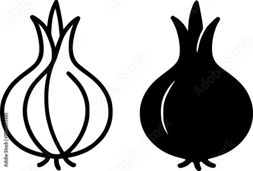 Garlic illustration icon, black and white, outline and silhouette versions