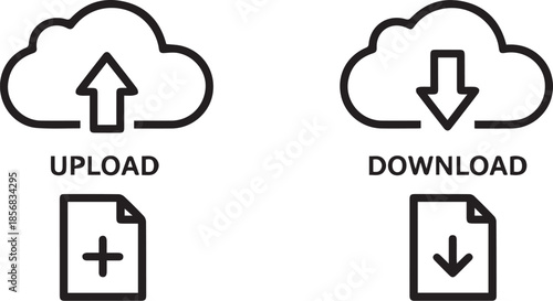 Cloud data transfer Illustration: Visual representation of cloud data transfer with upload and download icons, ideal for digital design and web graphics. 