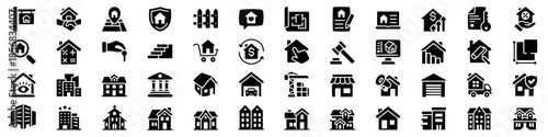 Monochrome real estate and construction icon set for business solutions