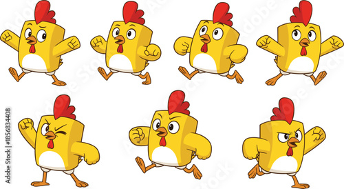 Cartoon yellow chicken character in dynamic action poses with expressive face and red comb, vector illustration set