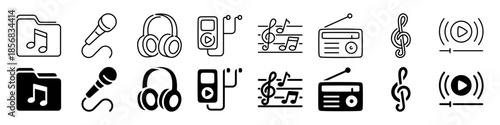 Music icons collection: line art and solid symbol designs for digital interfaces