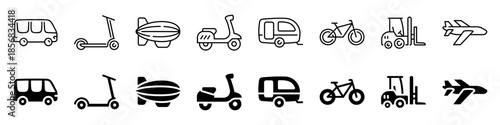 Transport icons set: outline collection of modern vehicles for mobility and logistics